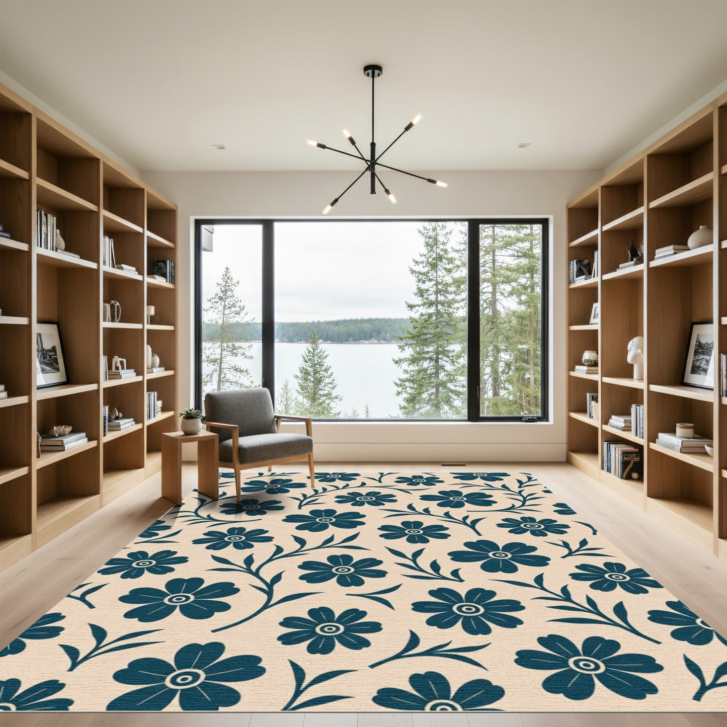Teal Floral Vine on Cream Rug
