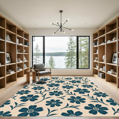 Teal Floral Vine on Cream Rug