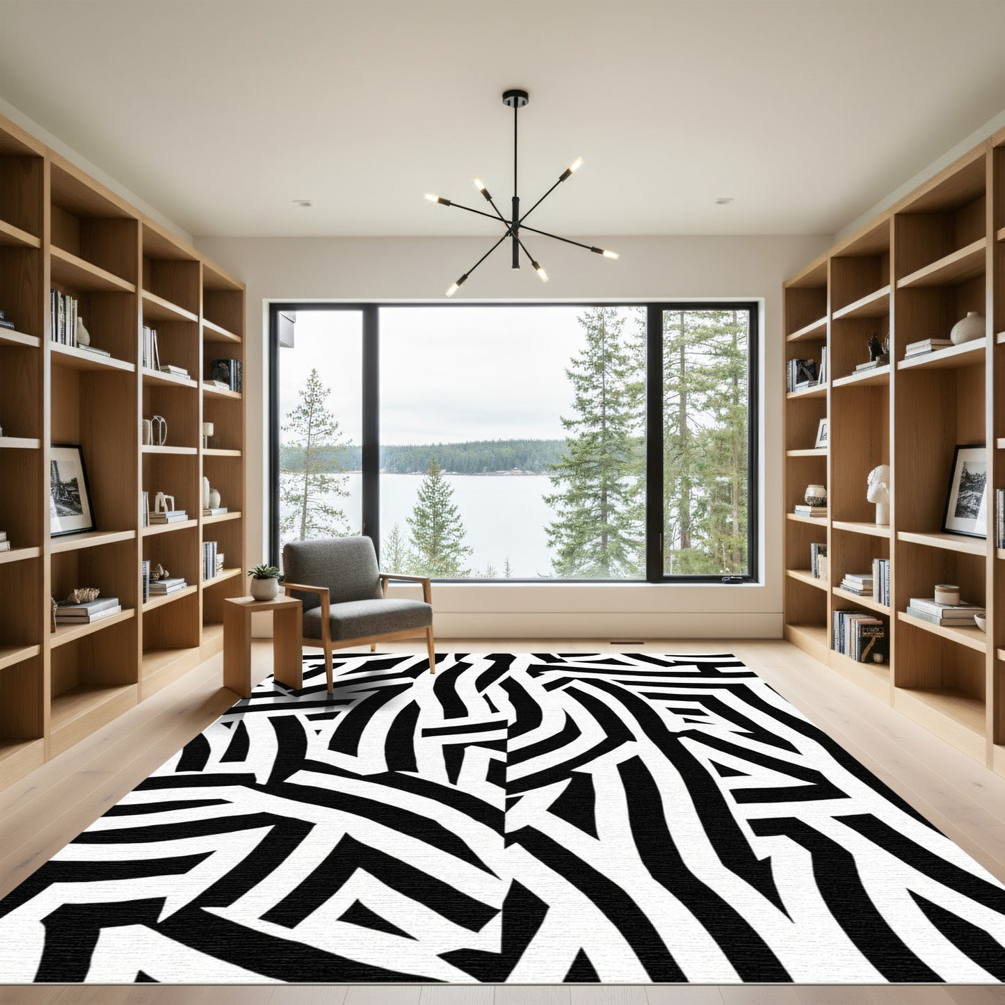 Bold Black White Stripped Intersected Abstract Rug