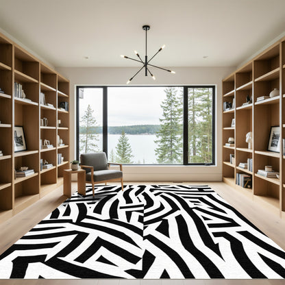 Bold Black White Stripped Intersected Abstract Rug