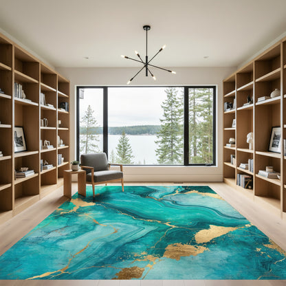 Teal Gold Veined Marble Rug