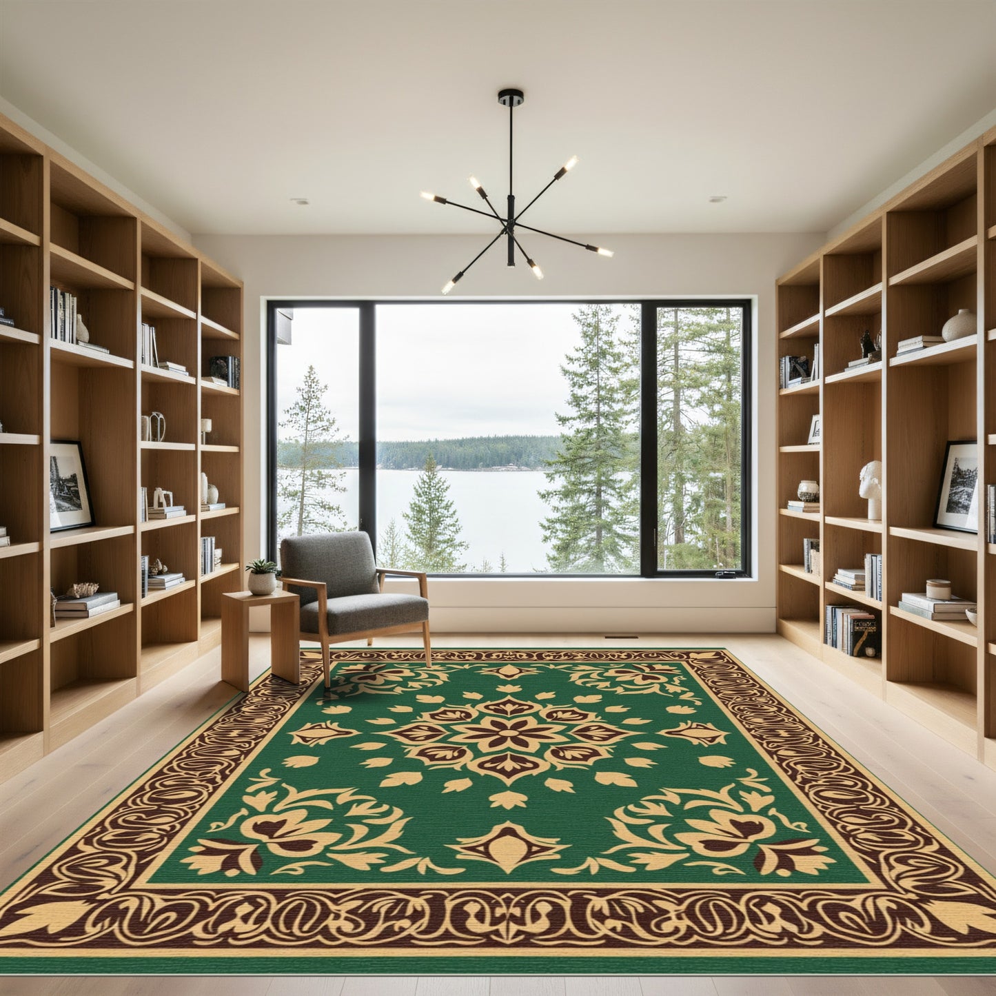Deep Green Floral Medallion Border Rug
