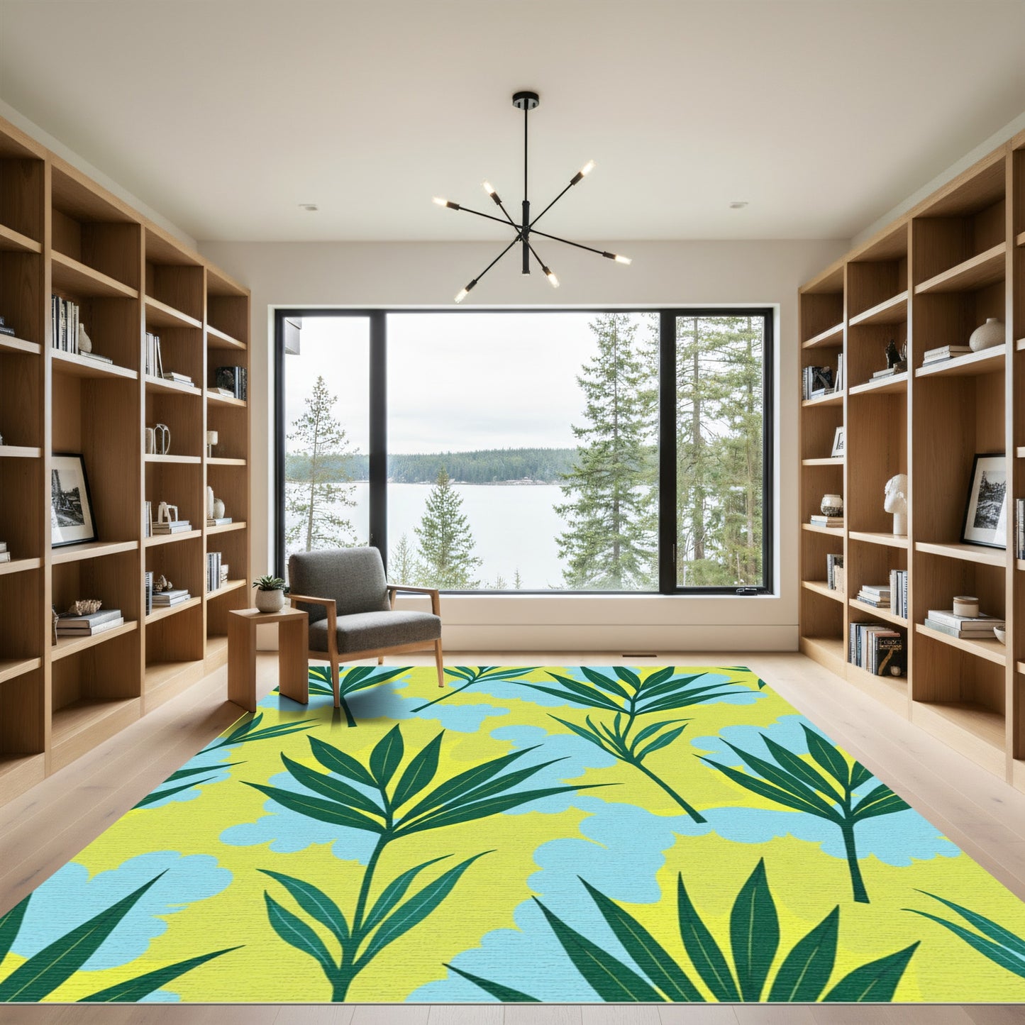 Emerald Leaves Sky Blue Clouds Rug