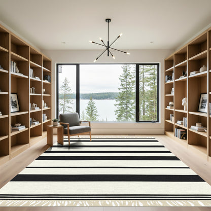 Bold Black Cream Striped Tassel Accents Rug