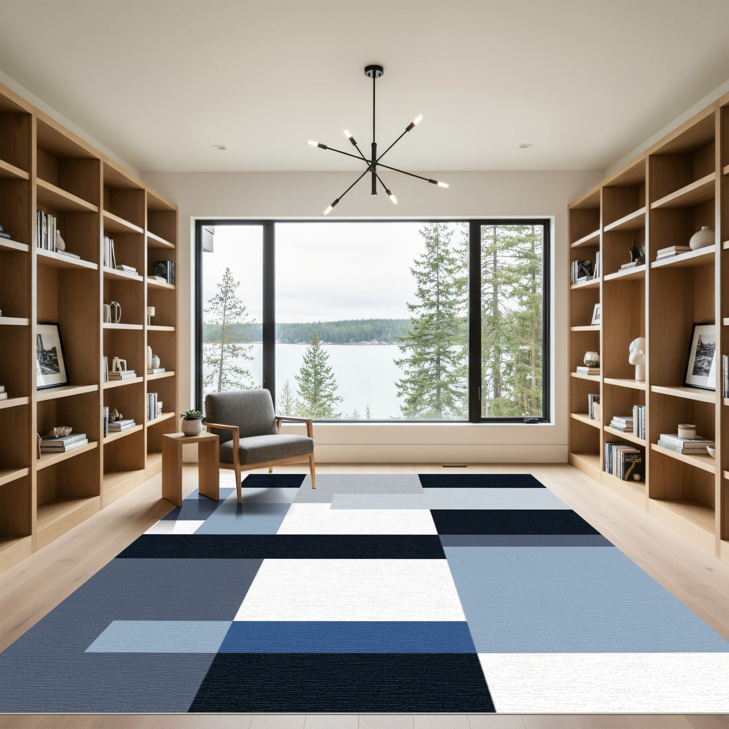 Abstract Blue Gray Geometric Blocks Rug