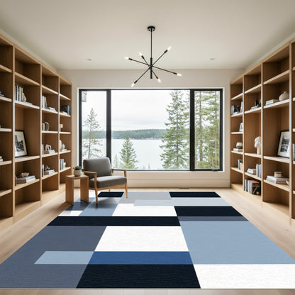 Abstract Blue Gray Geometric Blocks Rug