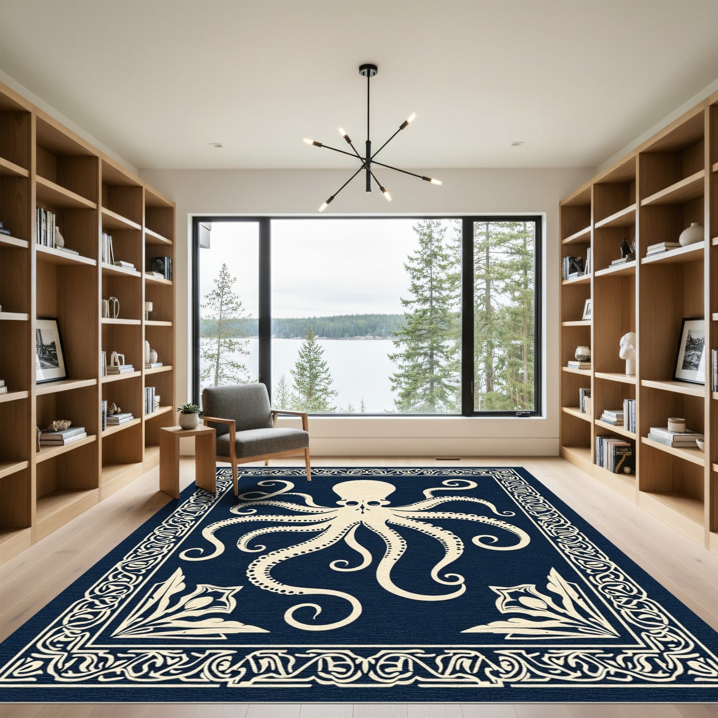 Cream Octopus Bordered Dark Blue Rug