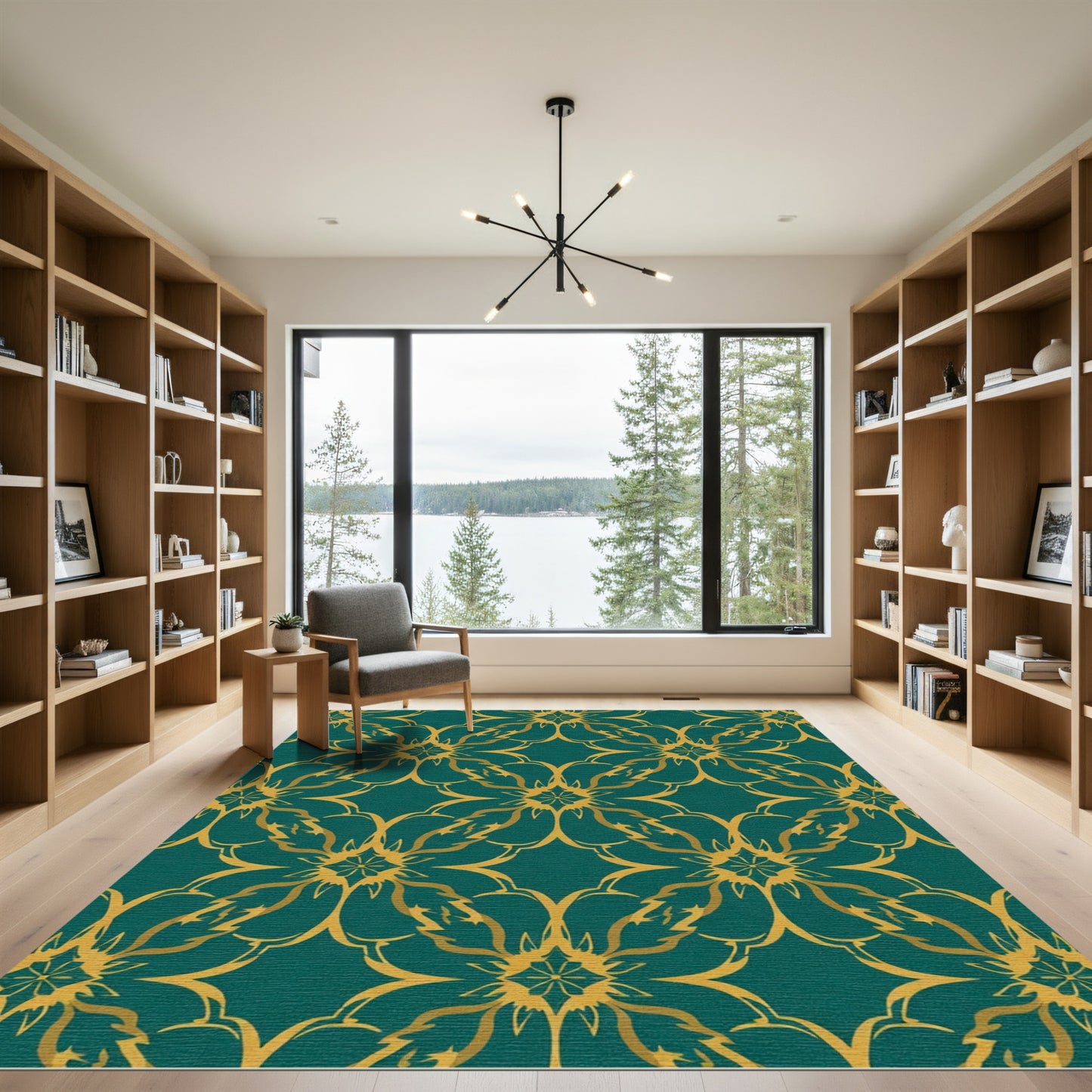 Teal Gold Floral Medallion Lattice Rug