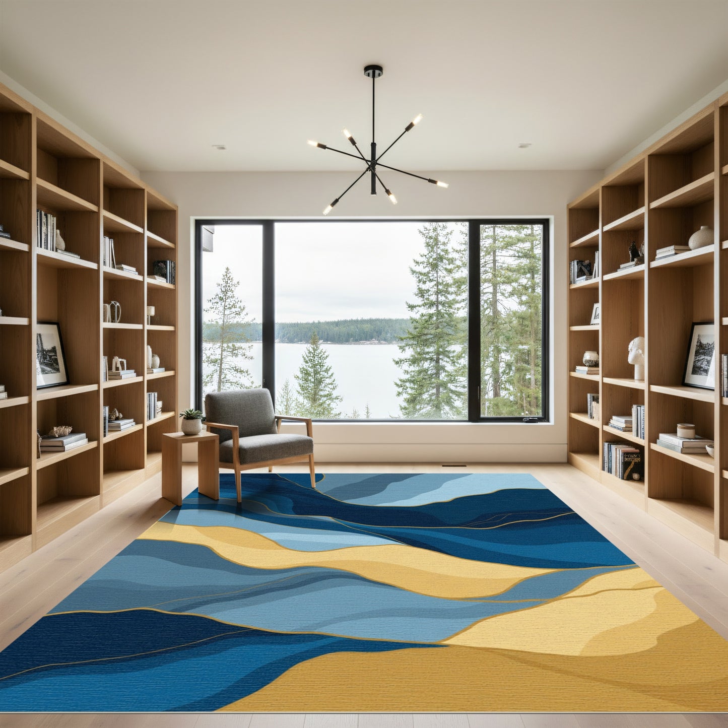 Abstract Blue Gold Wavy Landscape Rug