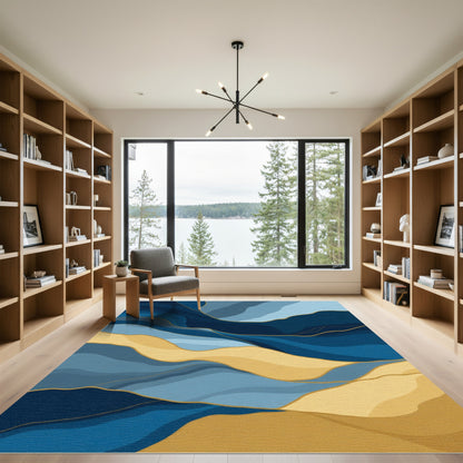 Abstract Blue Gold Wavy Landscape Rug