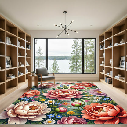 Vibrant Peony Blossom Garden Arrangement Rug