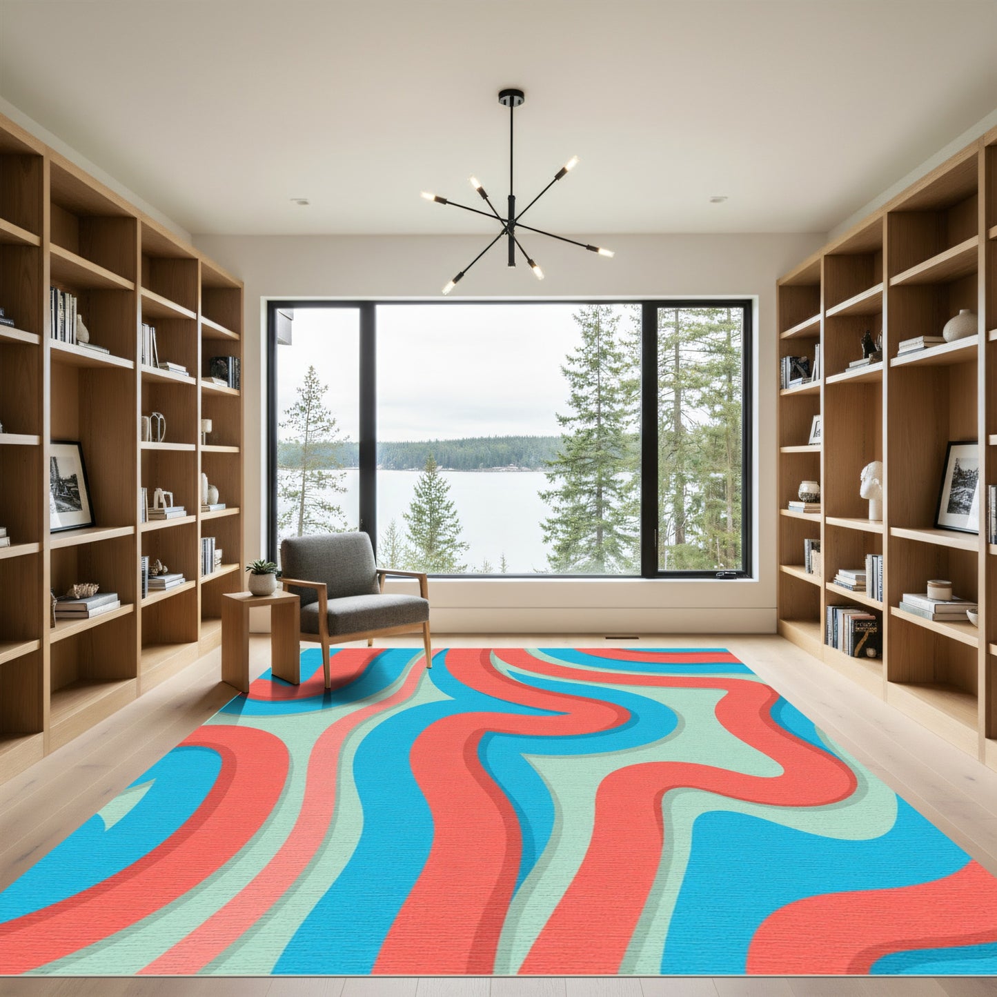 Coral Blue Swirl Abstract Rug