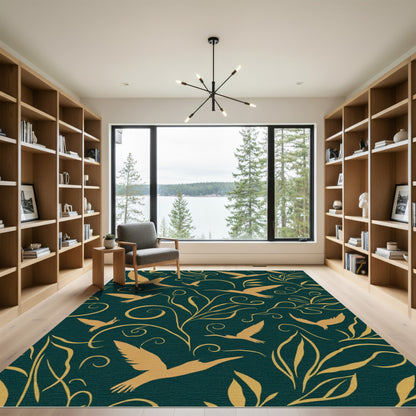Golden Birds Amidst Teal Foliage Rug