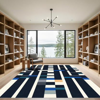 Modern Navy Blue Geometric Block Rug