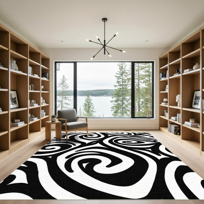 Black White Abstract Swirl Rug