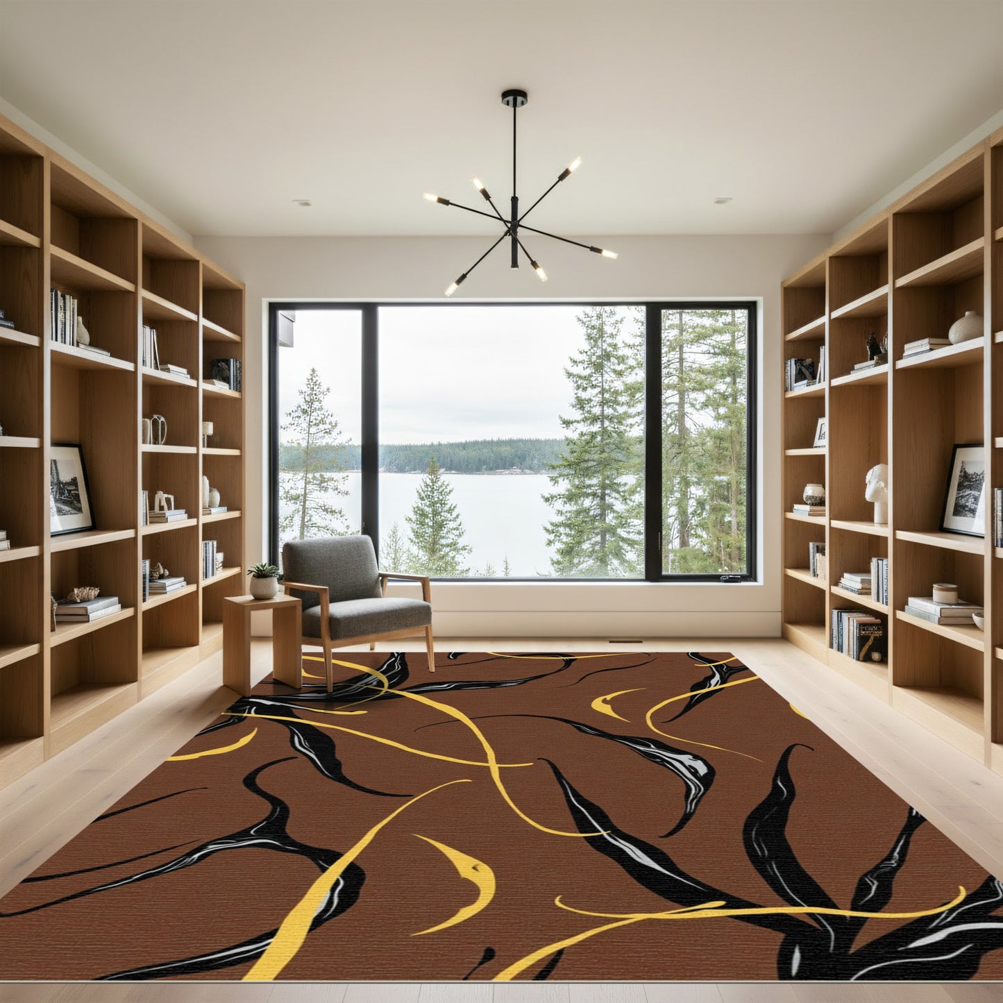 Brown Black Yellow Abstract Swirl Rug