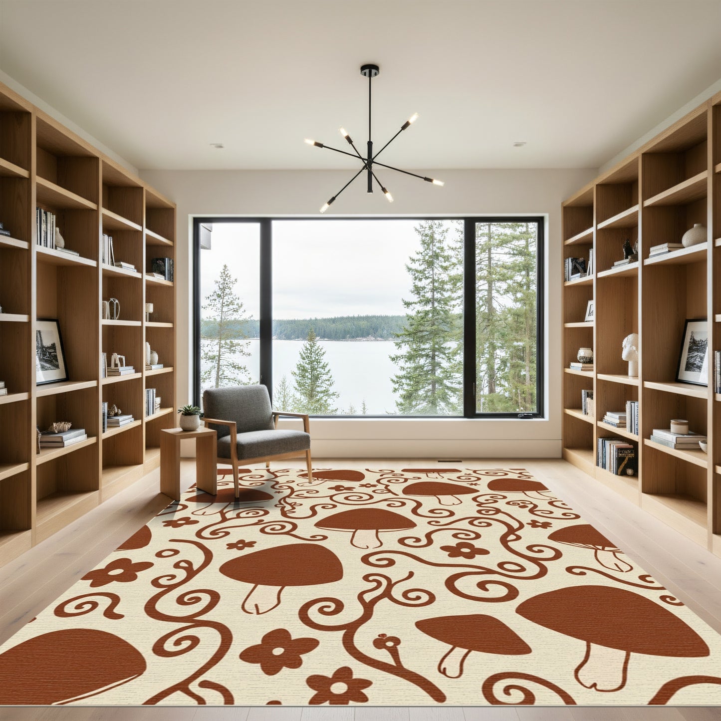 Whimsical Brown Mushroom Floral Swirls Rug