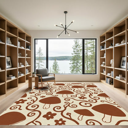 Whimsical Brown Mushroom Floral Swirls Rug