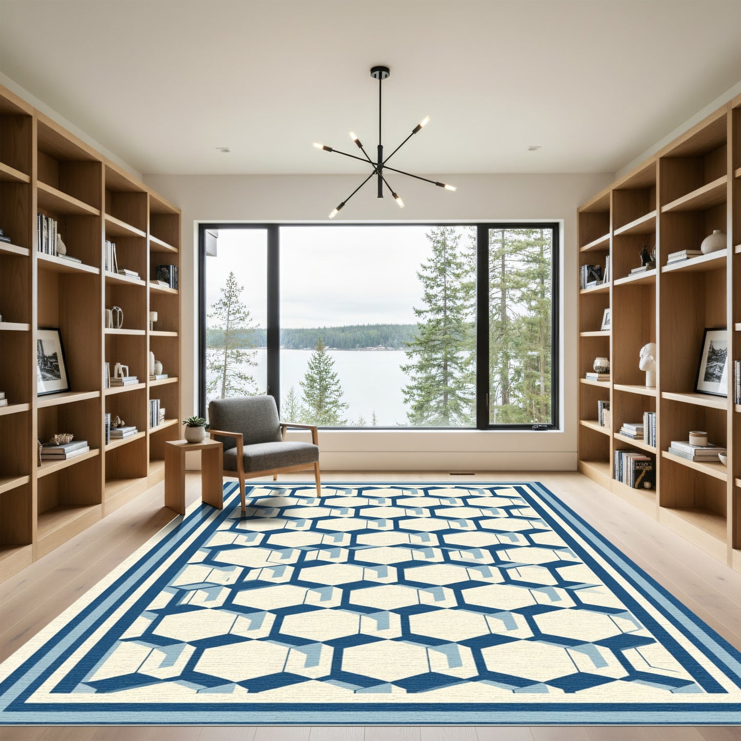 Blue Geometric Hexagon Stripe Border Rug