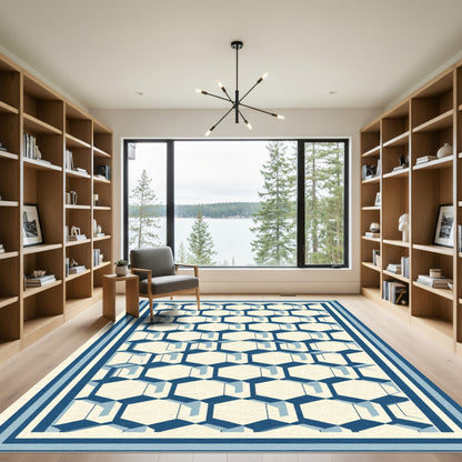Blue Geometric Hexagon Stripe Border Rug