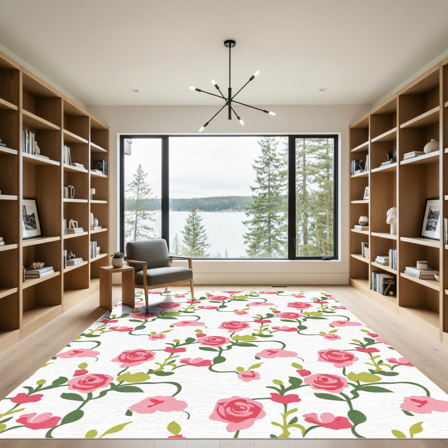 Pink Rose Vine Floral Composition Rug