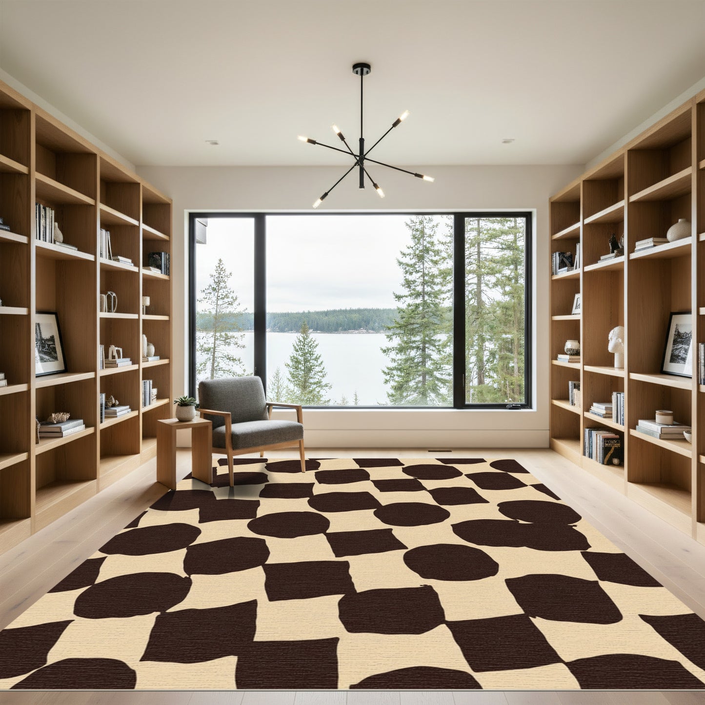 Dark Brown Checkerboard Circles Squares Rug
