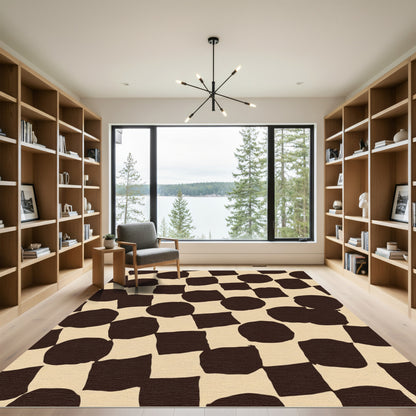Dark Brown Checkerboard Circles Squares Rug
