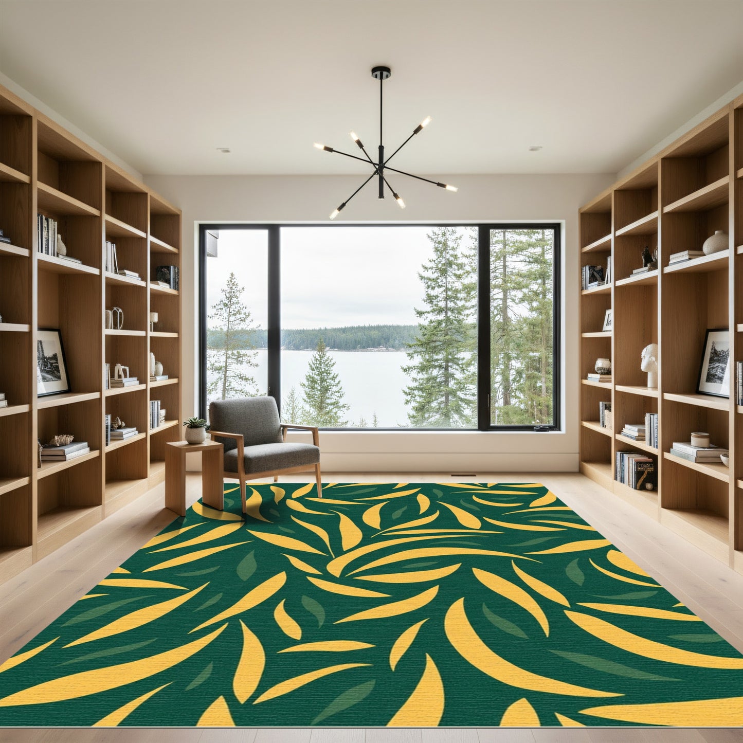 Golden Leaf Swirls on Deep Green Rug