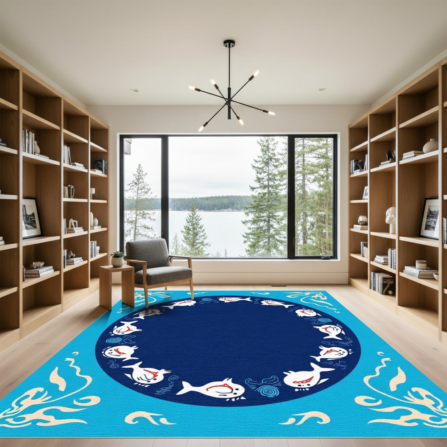 Whimsical White Fish Blue Circle Border Rug