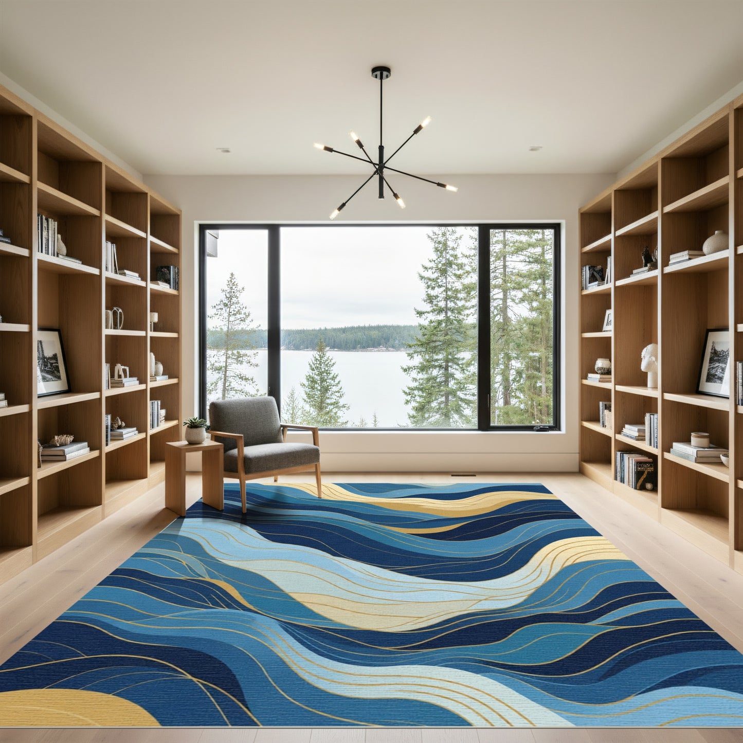 Deep Blue Gold Flowing Wave Rug