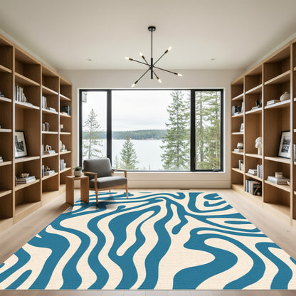 Cream Teal Abstract Swirl Rug