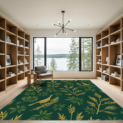 Emerald Leafy Branches Crane Motif Rug