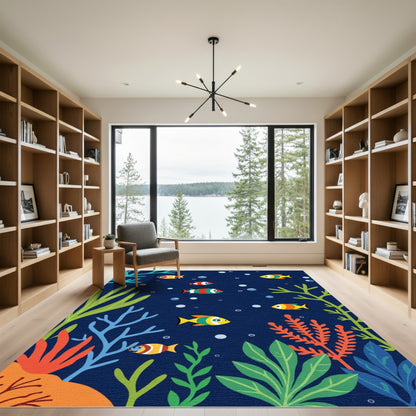 Colorful Coral Reef Fish School Rug