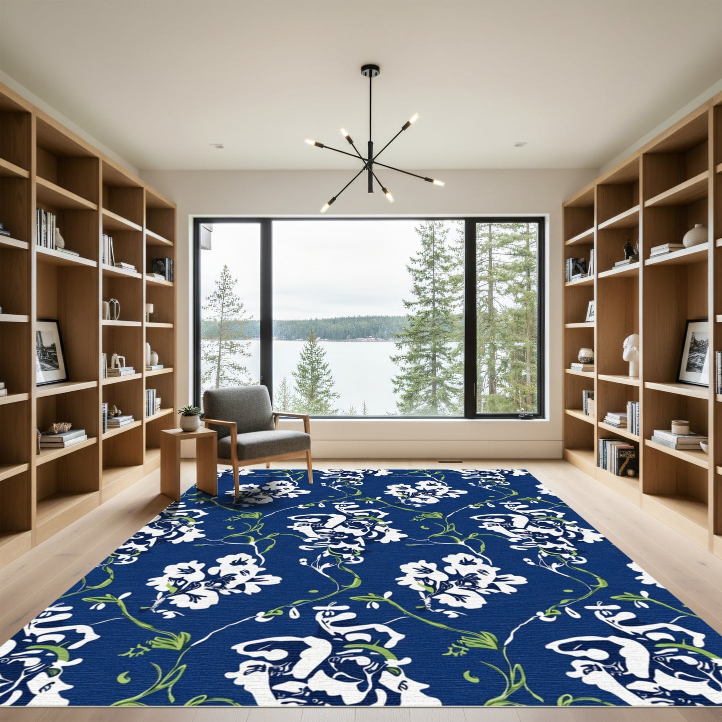 Navy White Floral Vine Botanical Rug