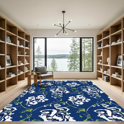 Navy White Floral Vine Botanical Rug