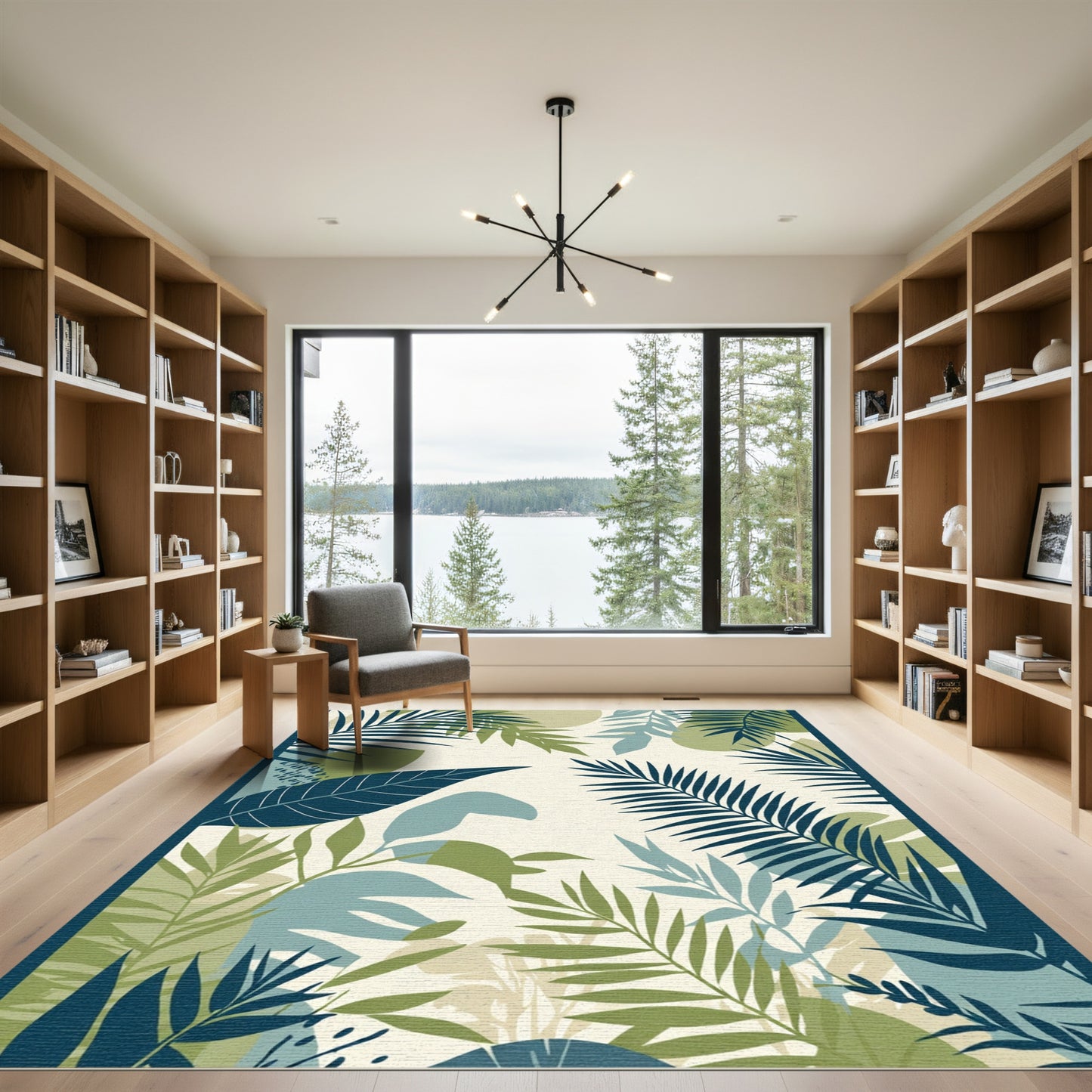 Deep Blue Green Tropical Leaf Composition Rug