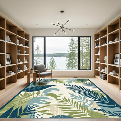 Deep Blue Green Tropical Leaf Composition Rug