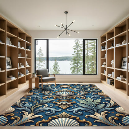 Ornate Blue Scallop Acanthus Scroll Rug