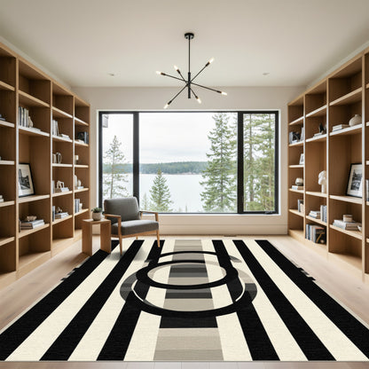 Monochrome Stripes Abstract Circles Rug