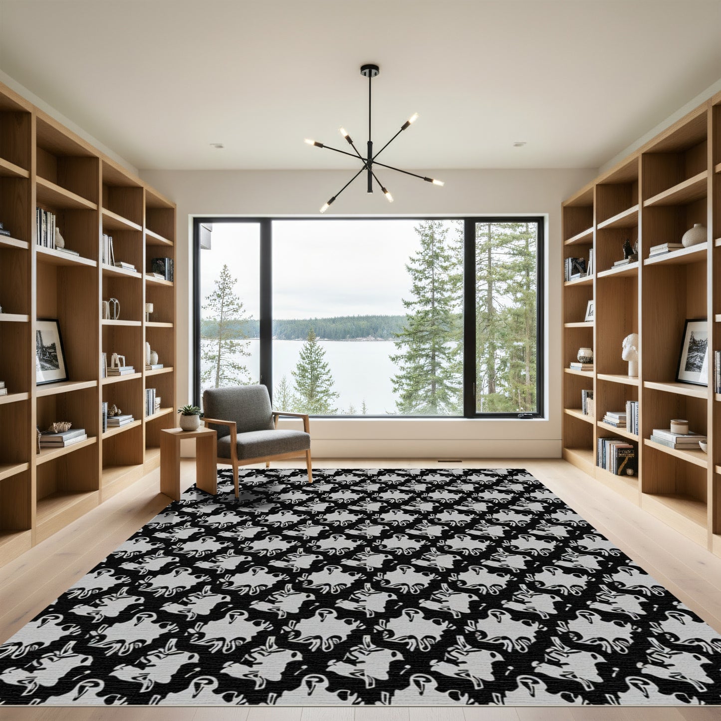 Black and Gray Abstract Organic Blossom Rug