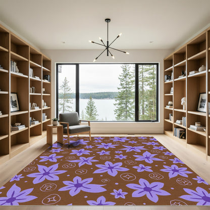 Purple Floral Whimsical Brown Background Rug