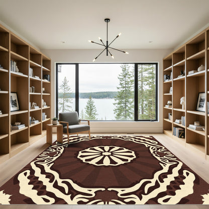 Dark Brown Sunburst Floral Medallion Rug