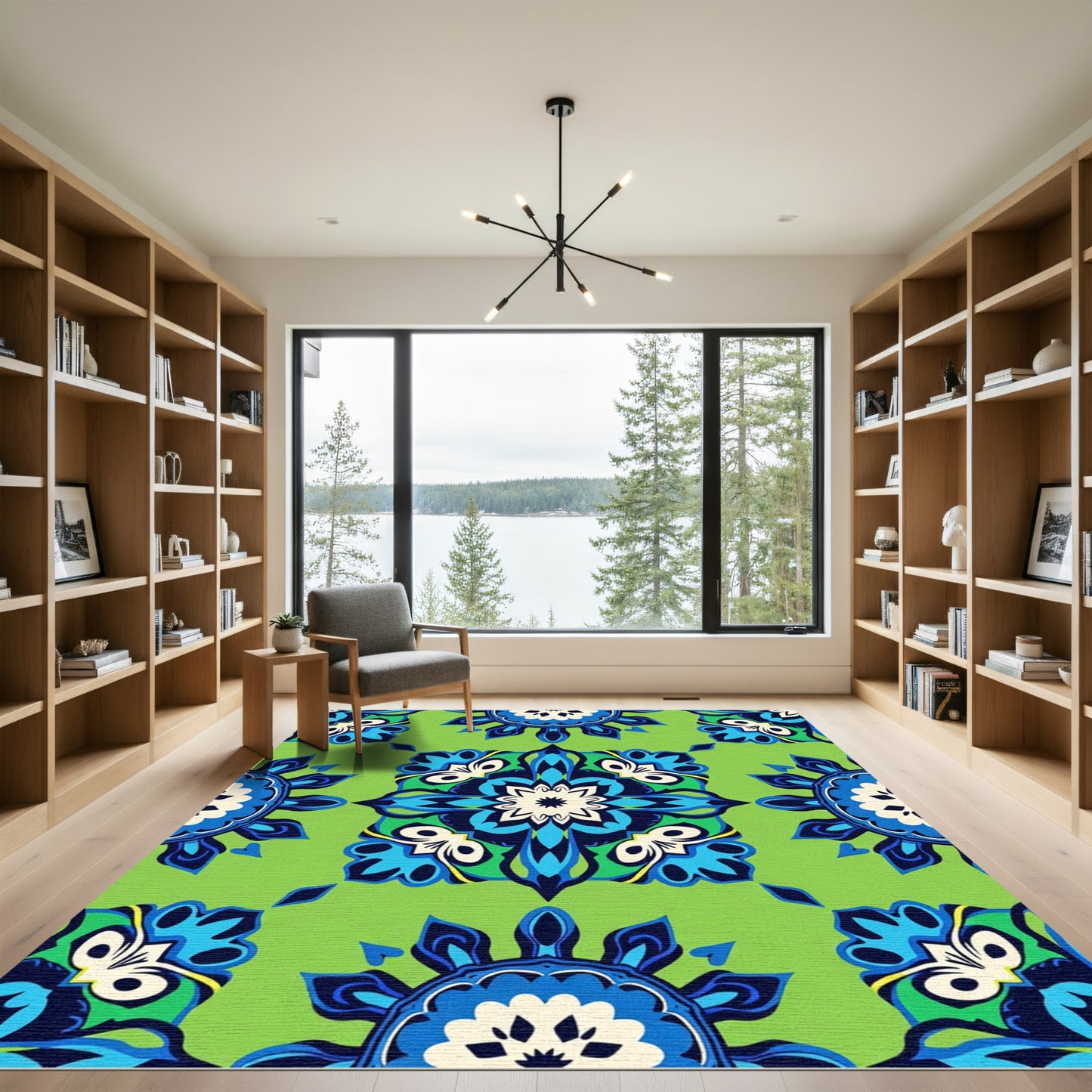 Vibrant Blue Emerald Medallion Sunburst Rug