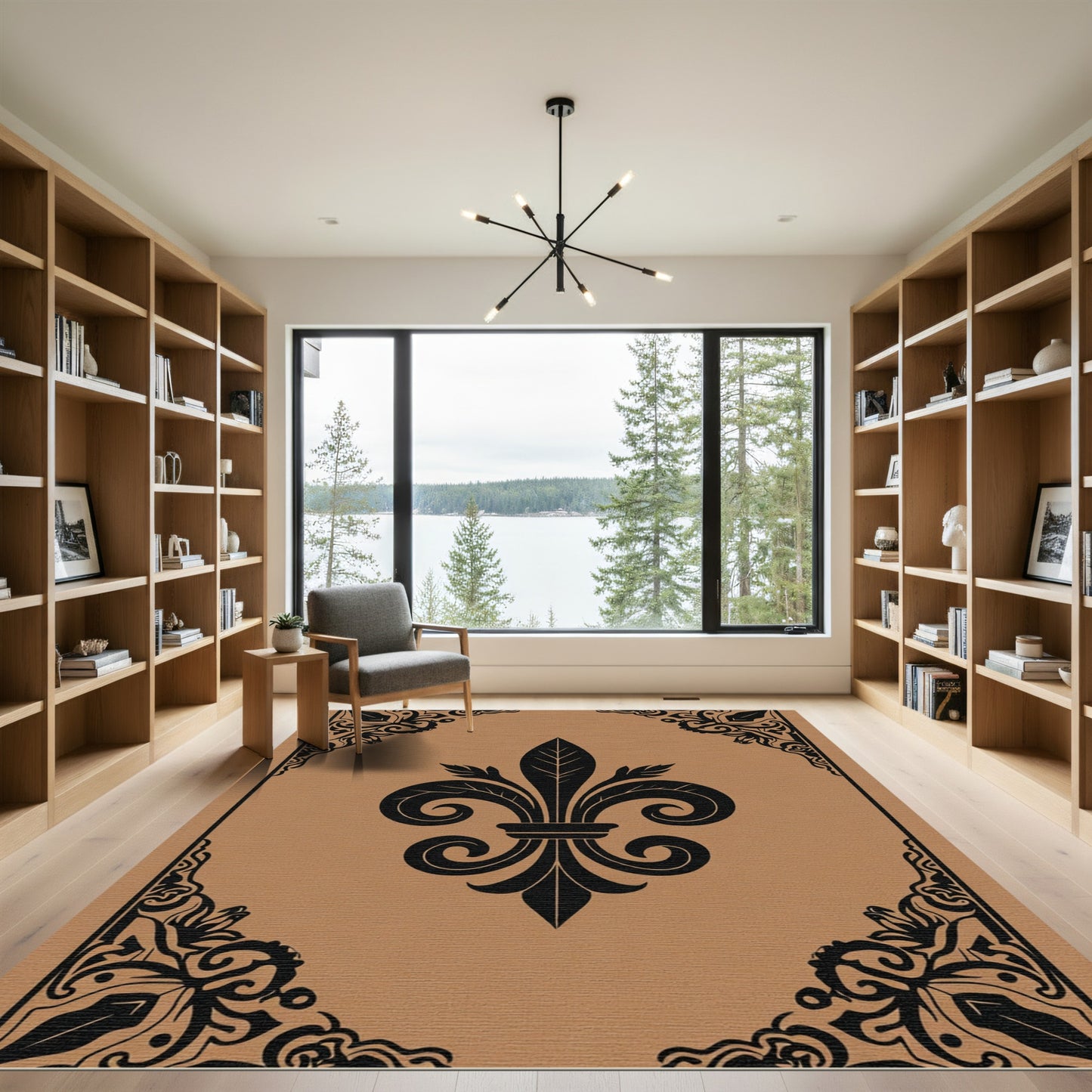 Royal Black Fleur De Lis Tan Frame Rug