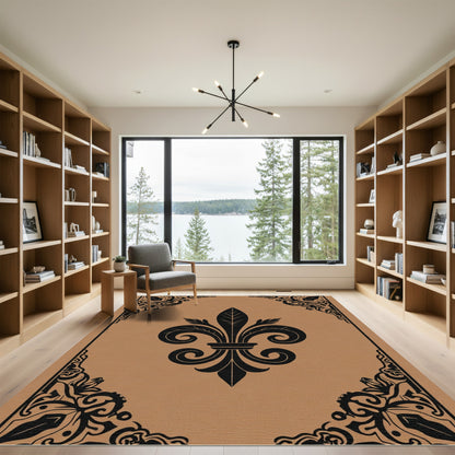 Royal Black Fleur De Lis Tan Frame Rug