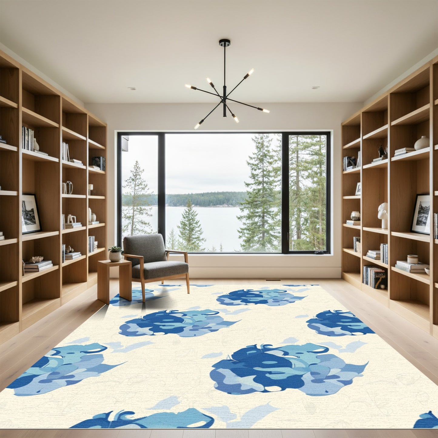Deep Blue Abstract Floral Blooms Rug