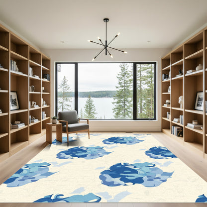 Deep Blue Abstract Floral Blooms Rug