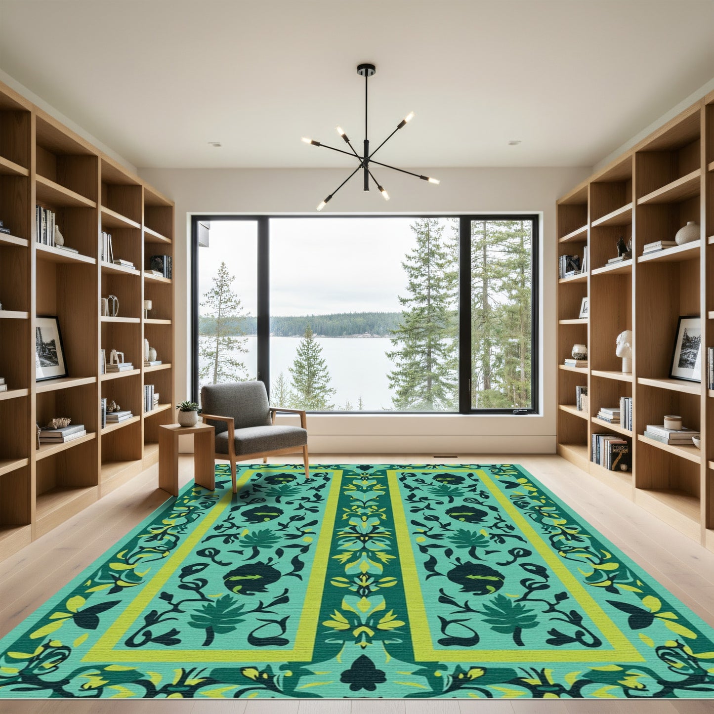 Teal Emerald Floral Botanical Border Rug
