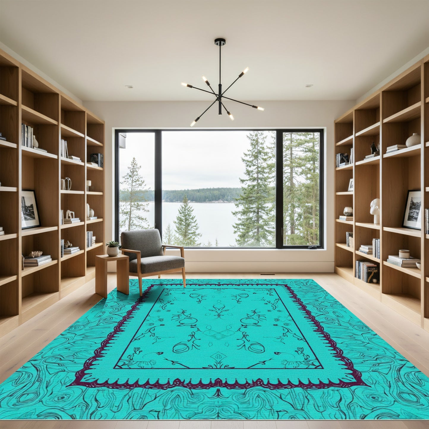 Teal Vine Bordered Abstract Harmony Rug