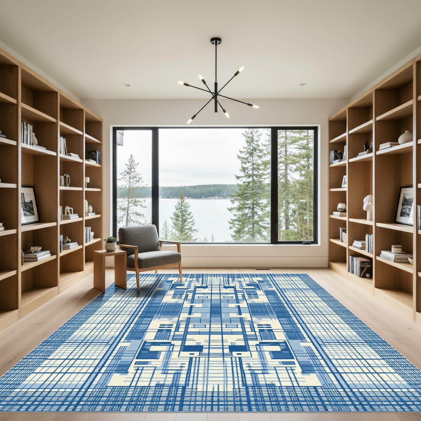 Blue Tonal Geometric Grid Architecture Rug